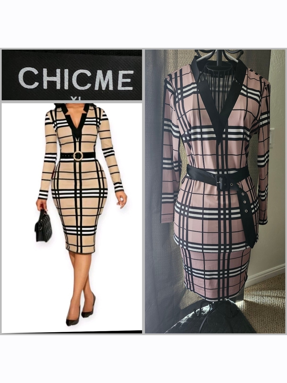 NWOT CHICME Pink Plaid Long-Sleeve V-Neck Belted Midi Dress Size 10